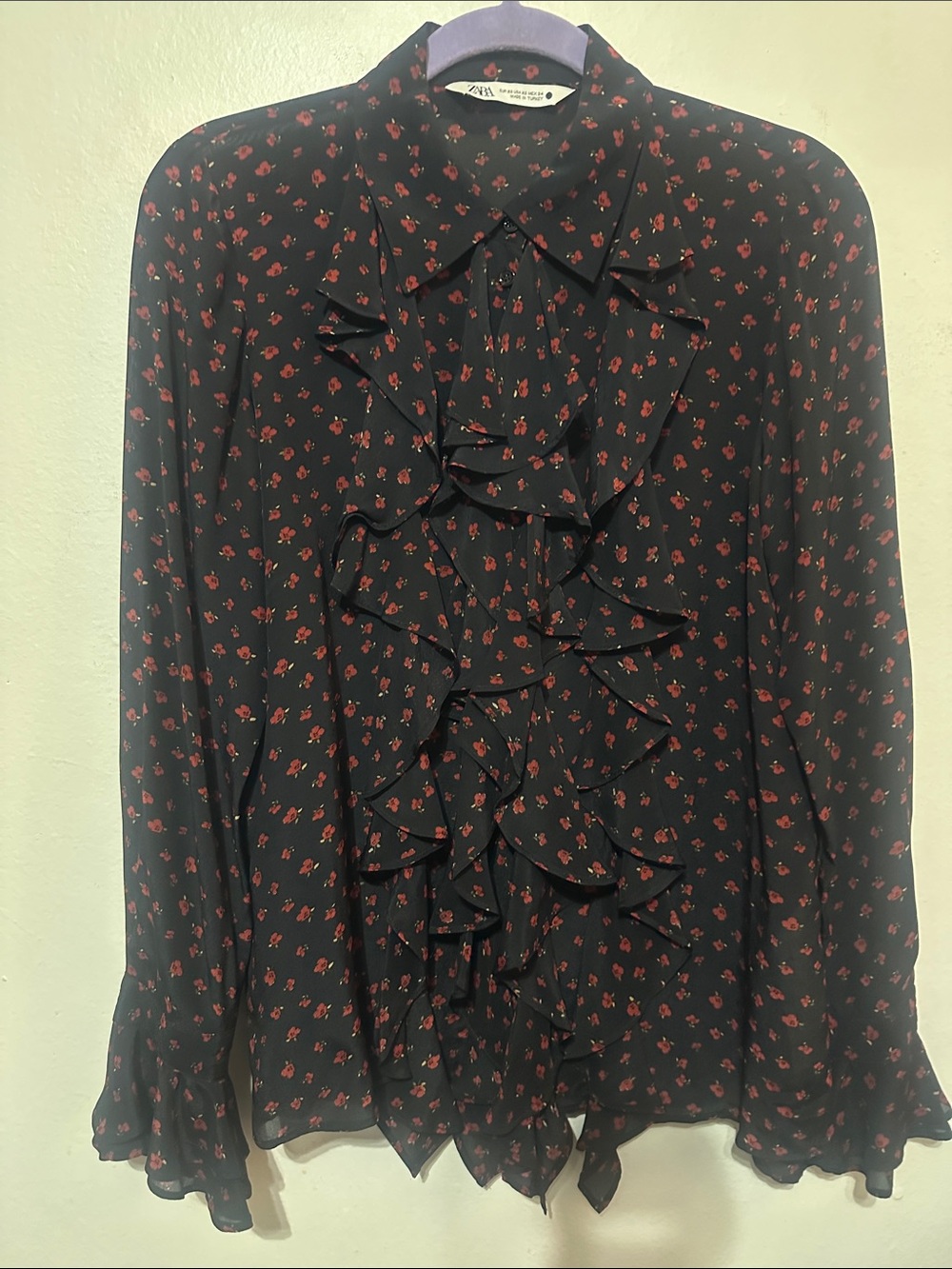 Zara Dark Romance Ruffled Black Blouse with Red Ditsy Floral